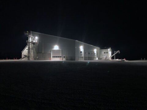 Belleville fertilizer building at night