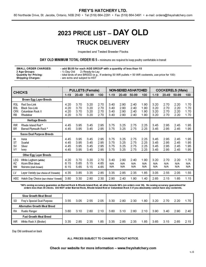 Freys Hatchery 2023 Price List-Page 1